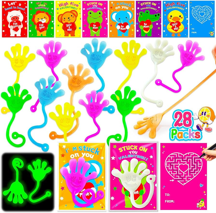 Amazon.com: Armaytoy 28Pack Glow in Dark Sticky Hands Toys with Valentine’s Greeting Cards for ... | Amazon (US)