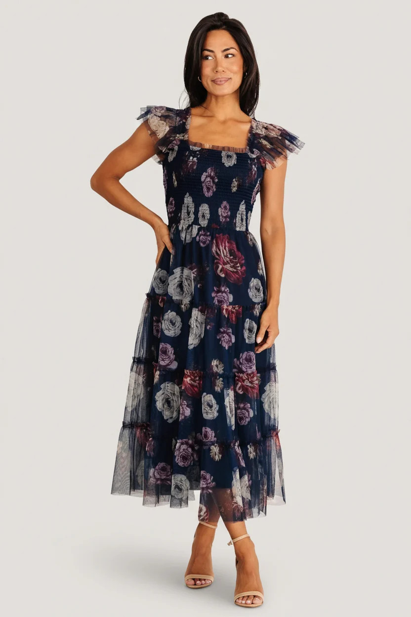 Clementine Tulle Midi Dress — Navy Floral Midi | Baltic Born | Baltic Born