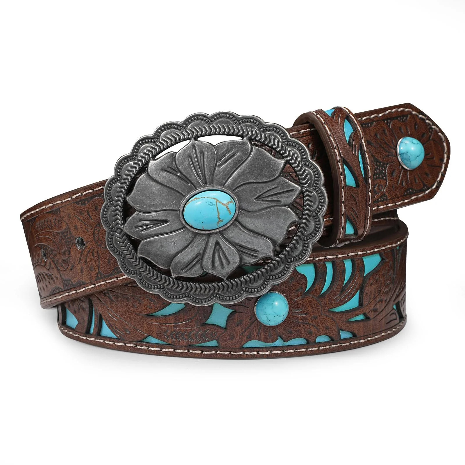 SUOSDEY Turquoise Buckle Western Leather Belt for Women Men Cowgirl Cowboy Concho Leather Belt | Walmart (US)