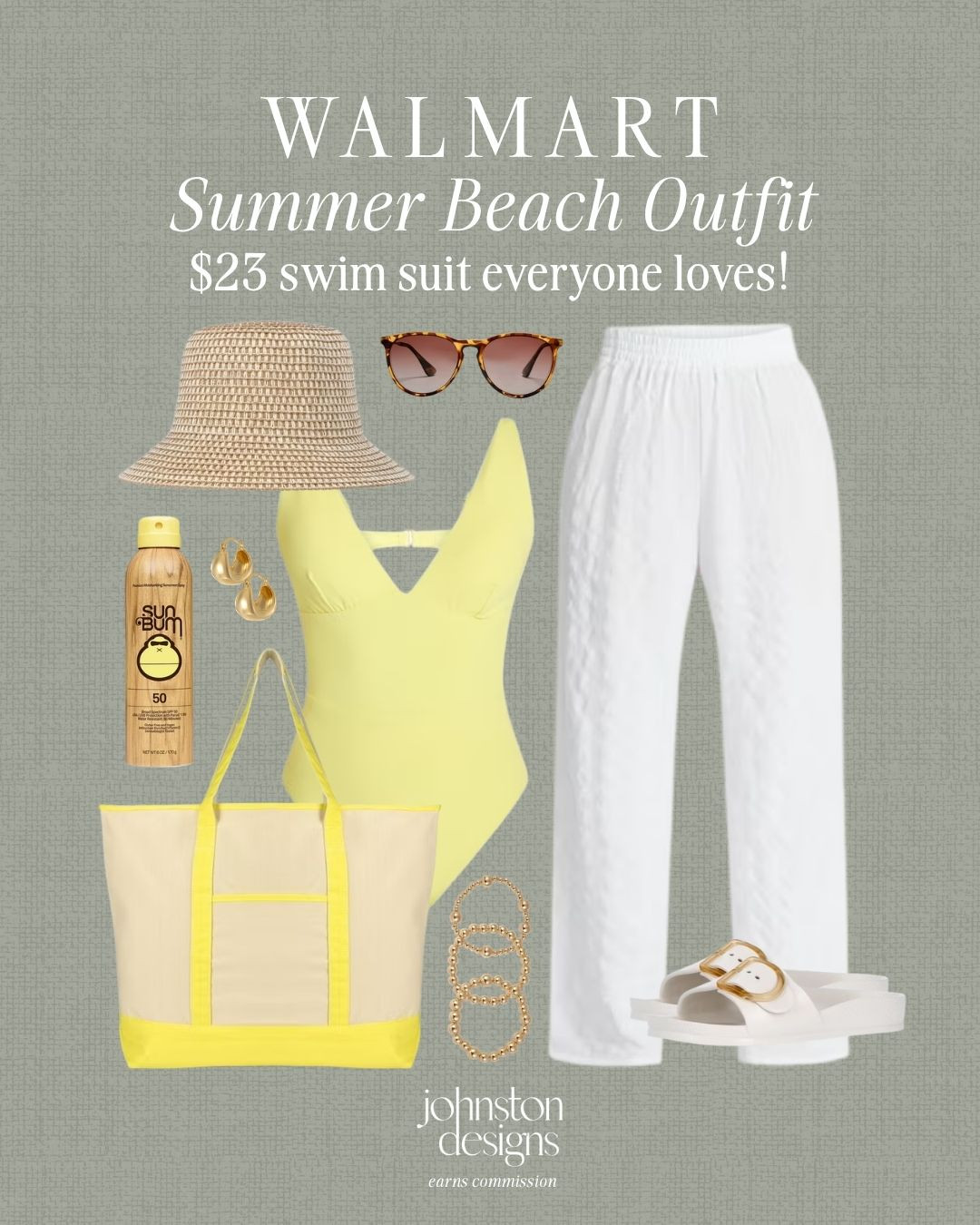 Walmart summer beach outfit with the $23 swimsuit everyone loves, styled with breezy white pants and sunny yellow accessories. ☀️

Walmart beach outfit, $23 swimsuit find, yellow one piece swimsuit, white beach pants, summer swim look, beach vacation outfit, pool day style, canvas tote bag, straw sun hat, white slide sandals, tortoise sunglasses, Sun Bum sunscreen, affordable Walmart fashion, warm weather outfit, cute beach day essentials 

 #LTKootd #LTKSwim #LTKTravel