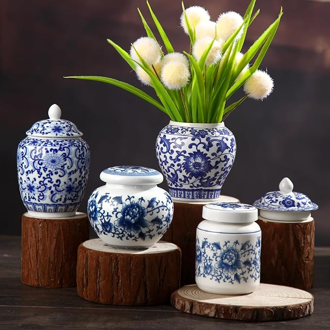 4 Pcs Small Blue and White Vase Ceramic Small Ginger Jar with Lid Porcelain Vases Chinoiserie Dec... | Amazon (US)