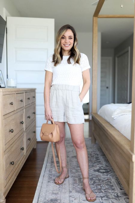 Lace top from Gap: petite xs 
J.Crew pull on shorts: xxs (run large, I recommend a size down) 
Sandals: size up if in between sizes 
Polene un nano bag (unable to link in LTK) 

#LTKSeasonal #LTKstyletip