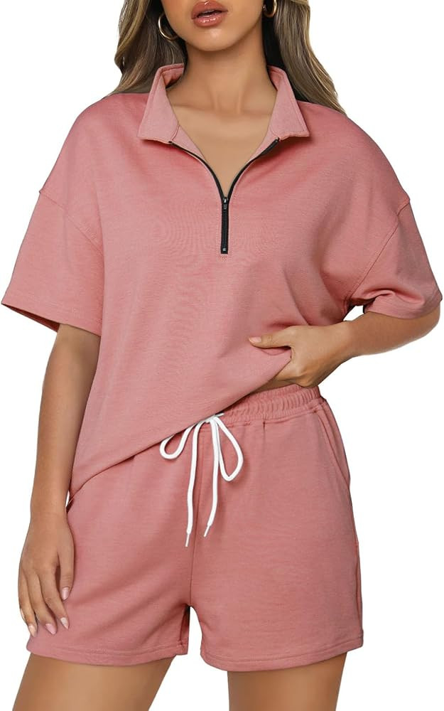 Aleumdr Women 2 Piece Sweatsuits Sets Oversized Half Zip Pullover Short Sleeve Sweatshirt Shorts ... | Amazon (US)