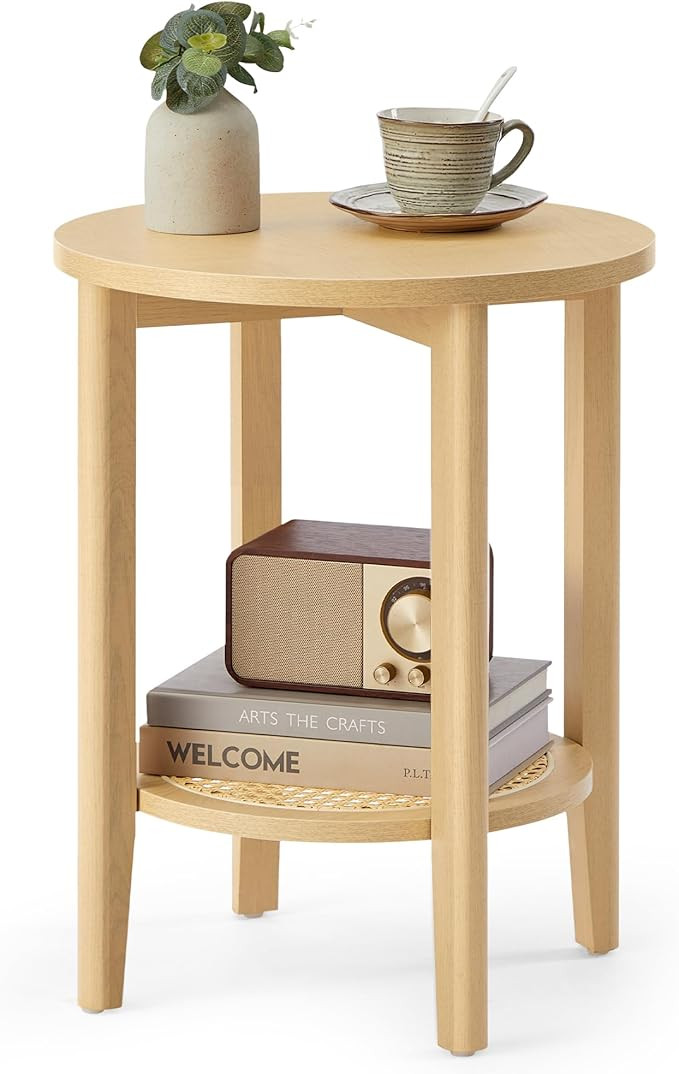 VASAGLE Round Side End Table, 2-Tier Boho Bedside Table with Rattan-Look Storage Shelf, Nightstan... | Amazon (US)