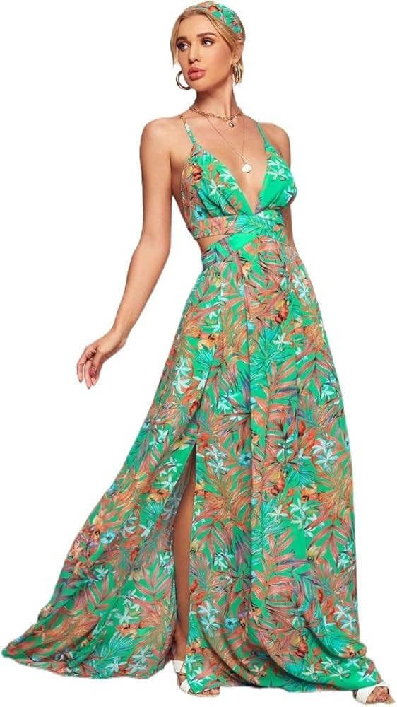 WUURAA Casual Dresses for Women Plunging Neck Crisscross Tie Back Split Tropical Print Maxi Dress... | Amazon (US)