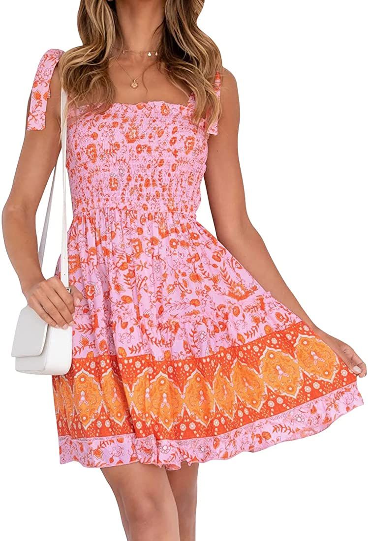 ZESICA Women's 2024 Summer Boho Floral Printed Dress Square Neck Ruffle Beach Swing Mini Dresses | Amazon (US)