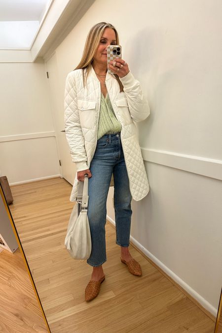 Rainy summer day outfit! Zella long quilted coat, Levi’s wedgie jeans, frankie4 mules, Sezane cardigan sweater  

#LTKFindsUnder100 #LTKStyleTip #LTKOver40