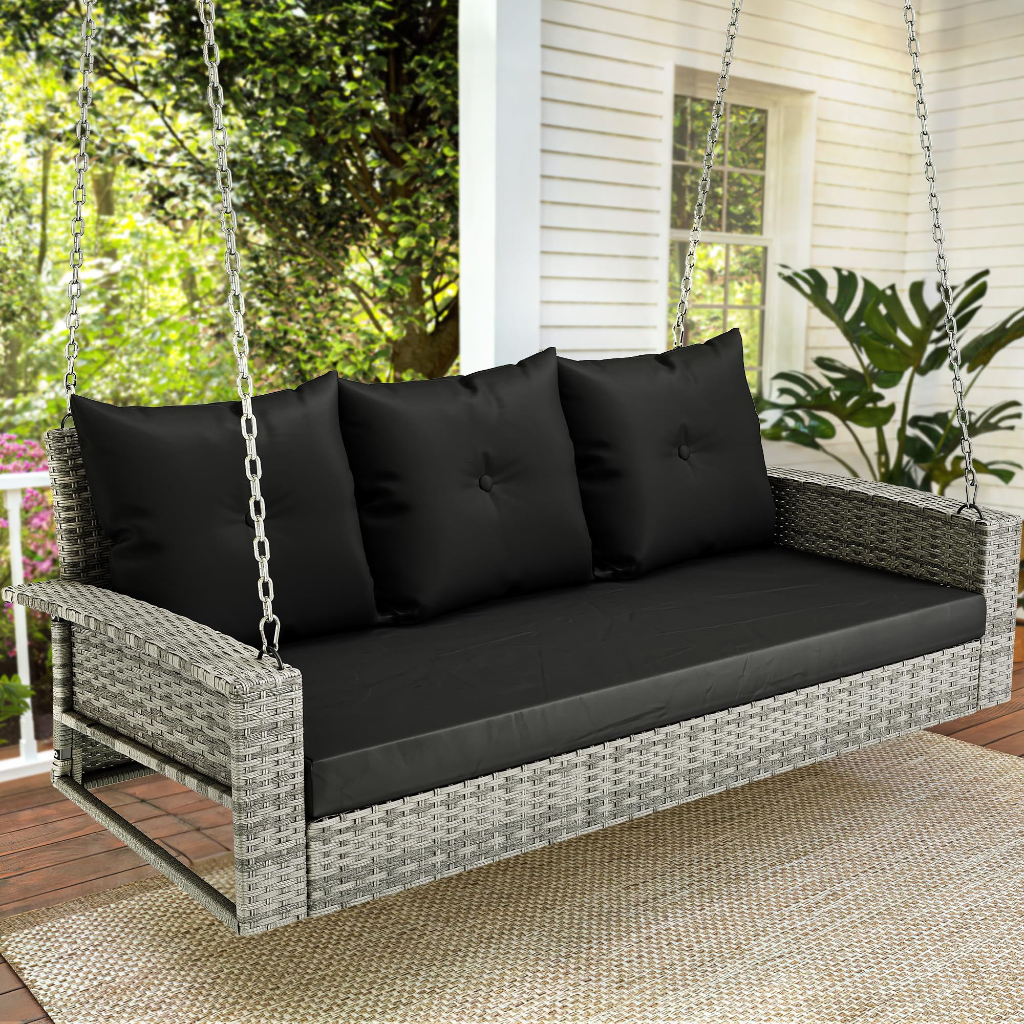 YITAHOME 3-Seats Wicker Hanging Porch Swing Chair Outdoor Gray Rattan Patio Swing Lounge 3 Back Cushions Capacity for Garden, Balcony, Gray Rattan Black Cushion | Amazon (US)