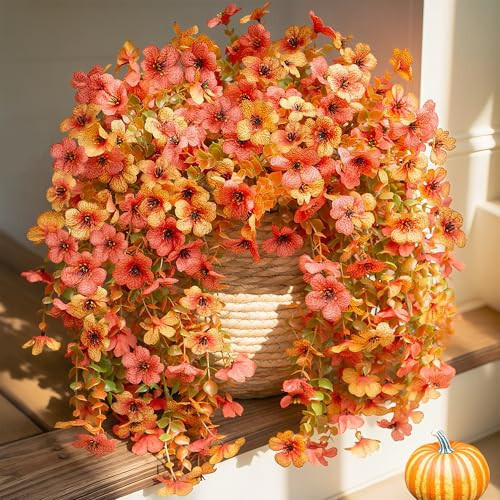 HyeFlora Artificial Flowers for Outdoors Fall Decoration, 2Pcs Fall Orange Yellow Hanging Flowers with Autumn Eucalyptus Leaves Faux Silk Flower Decor for Home Porch Patio Balcony Planter Yard | Amazon (US)