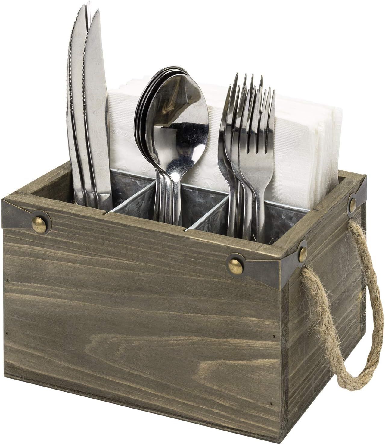 MyGift Rustic Gray-Brown Wood and Galvanized Metal Kitchen Silverware Storage Holder, 4-Compartme... | Amazon (US)