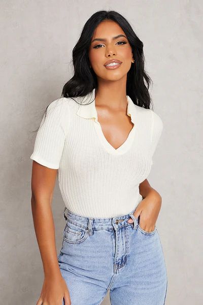 Cream Open Collar Knitted Short Sleeve Bodysuit | ISAWITFIRST UK