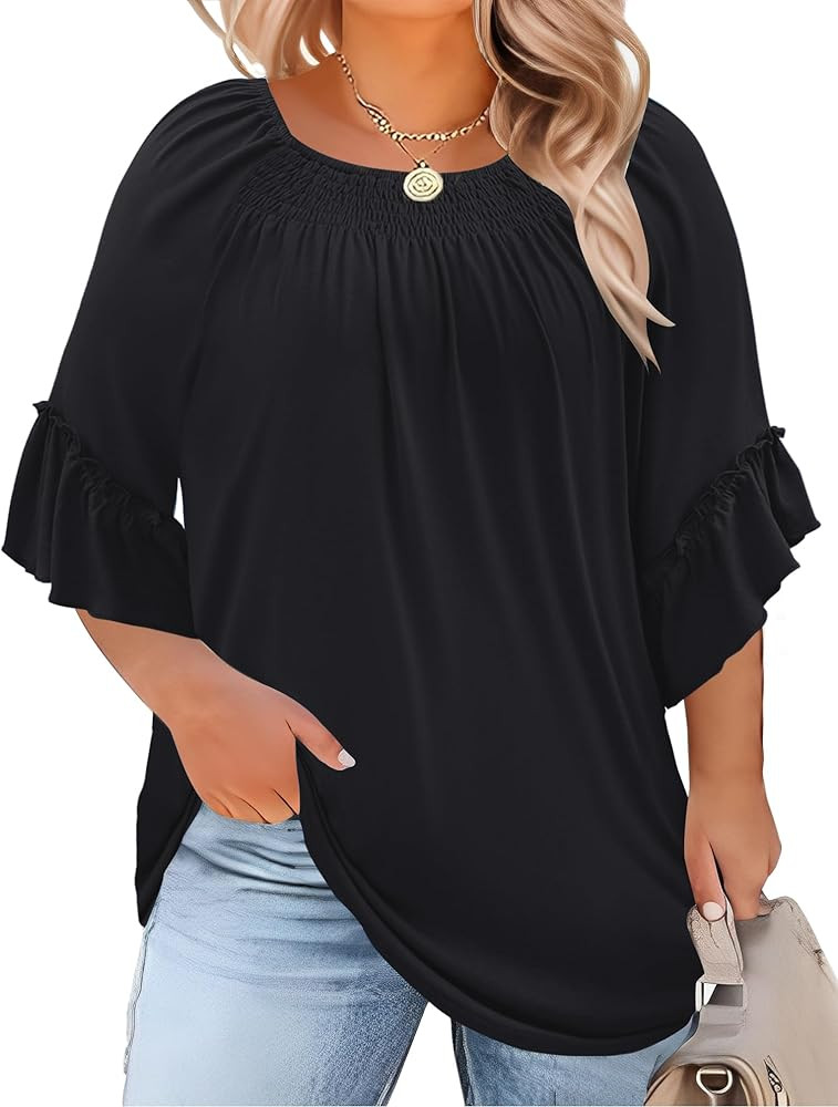 Micoson Womens Plus Size Tops 3/4 Ruffle Sleeve Shirts Crewneck Pleated Blouses Dressy Casual Fas... | Amazon (US)