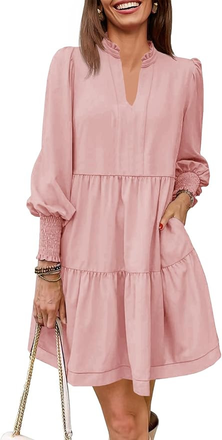 Imily Bela Womens Fall Long Sleeve Tunic Dress Casual V Neck Loose Ruffle Tiered Dress | Amazon (US)