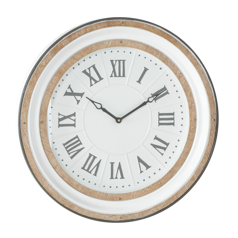 LITTON LANE Large Round White and Gray Metal and Wood Wall Clock with Roman Numerals | The Home Depot