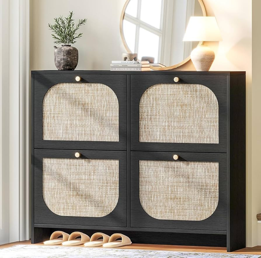 Nicetree Freestanding Arched Rattan Accent Ultra Slim Shoe Cabinet for Entryway - 4 Flip Drawers ... | Amazon (US)