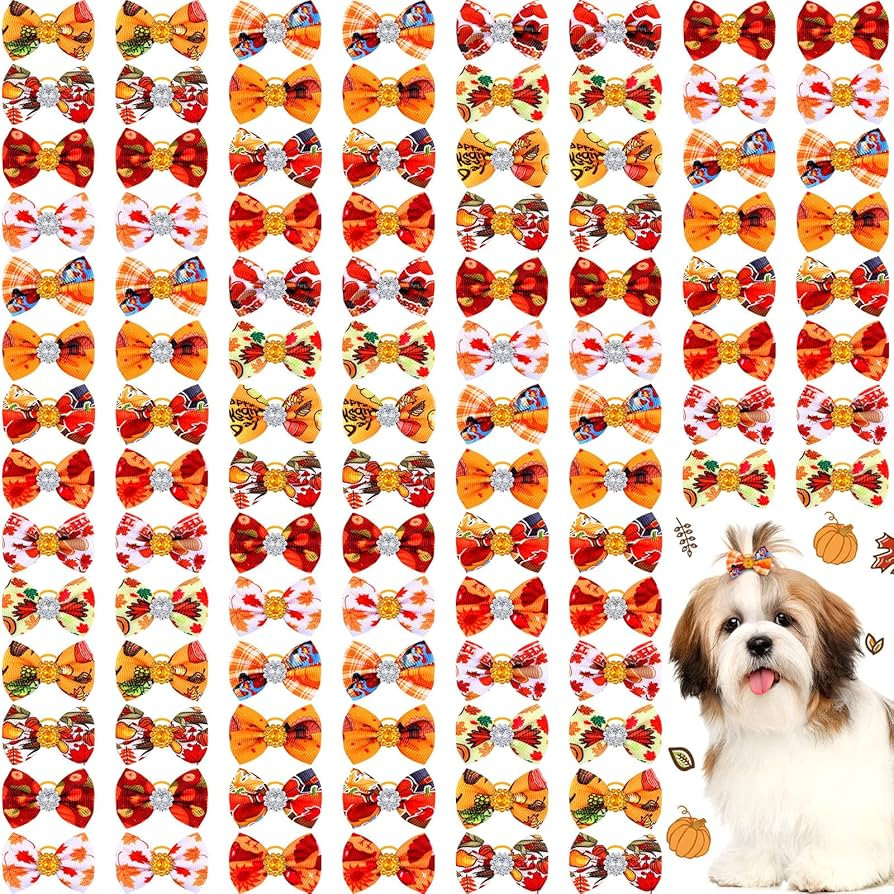 Tondiamo 100 Pack Fall Dog Hair Bows for Dogs Thanksgiving Day Dog Hair Bows with Rubber Bands Pu... | Amazon (US)
