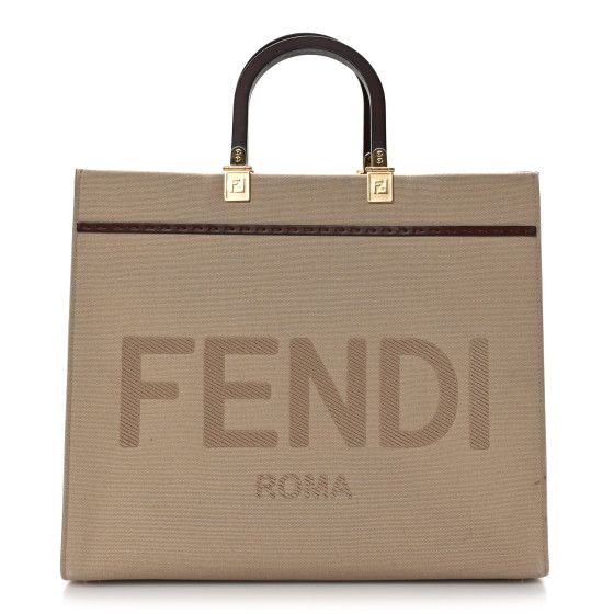 Canvas Vitello King Logo Embroidered Medium Fendi Sunshine Shopper Tote Sand Ghianda | FASHIONPHILE (US)