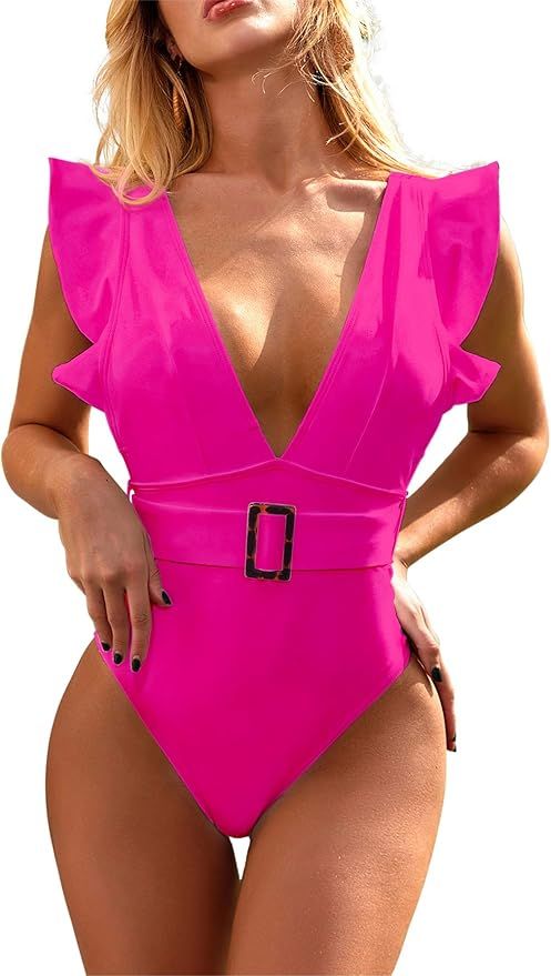 Annbon Women's Belted One Piece Swimsuits Plunge V Neck Backless Ruffle Bathing Suits | Amazon (US)