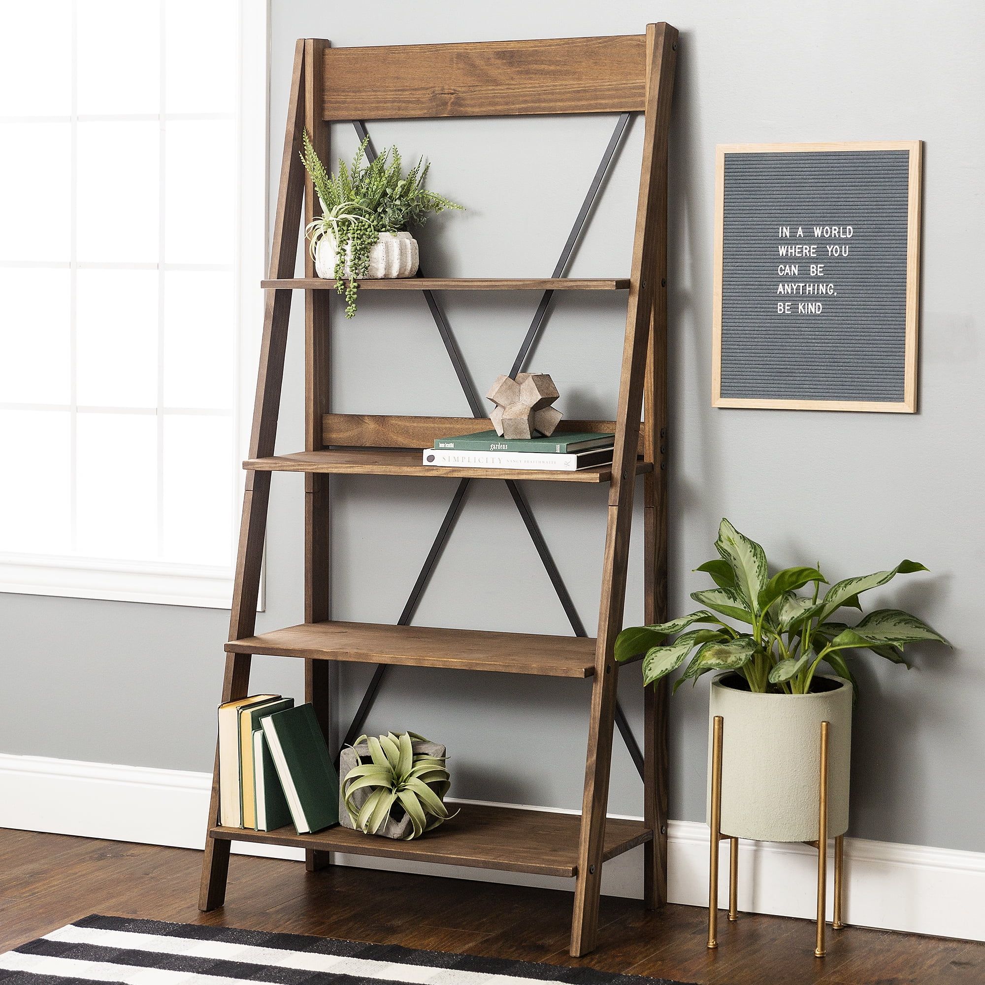 Farmhouse Brown Solid Wood 4-Shelf Ladder Bookshelf by Manor Park | Walmart (US)