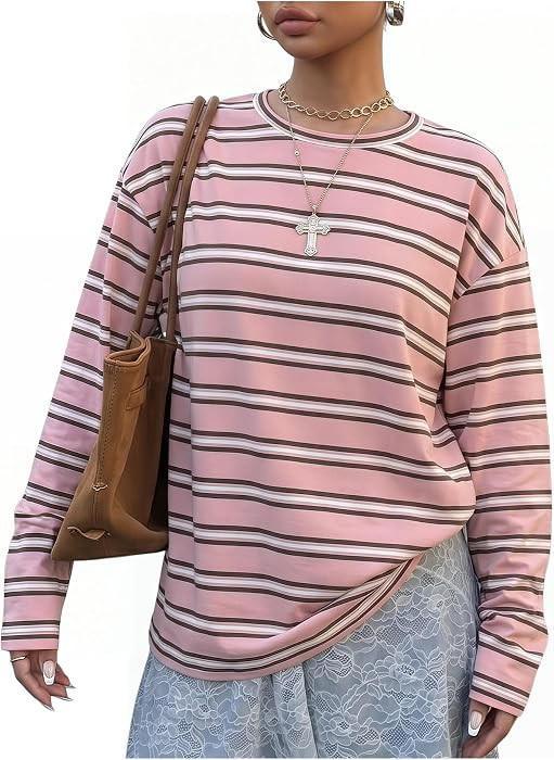 SHENHE Women's Striped Long Sleeve Shirt Y2k Oversized Tee Preppy Top | Amazon (US)