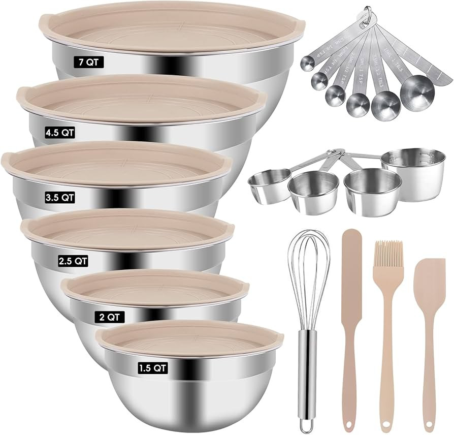 Mixing Bowls Set, 27PCS Khaki Mixing Bowls With Lids Set Stainless Steel Kitchen Large Nesting Me... | Amazon (US)