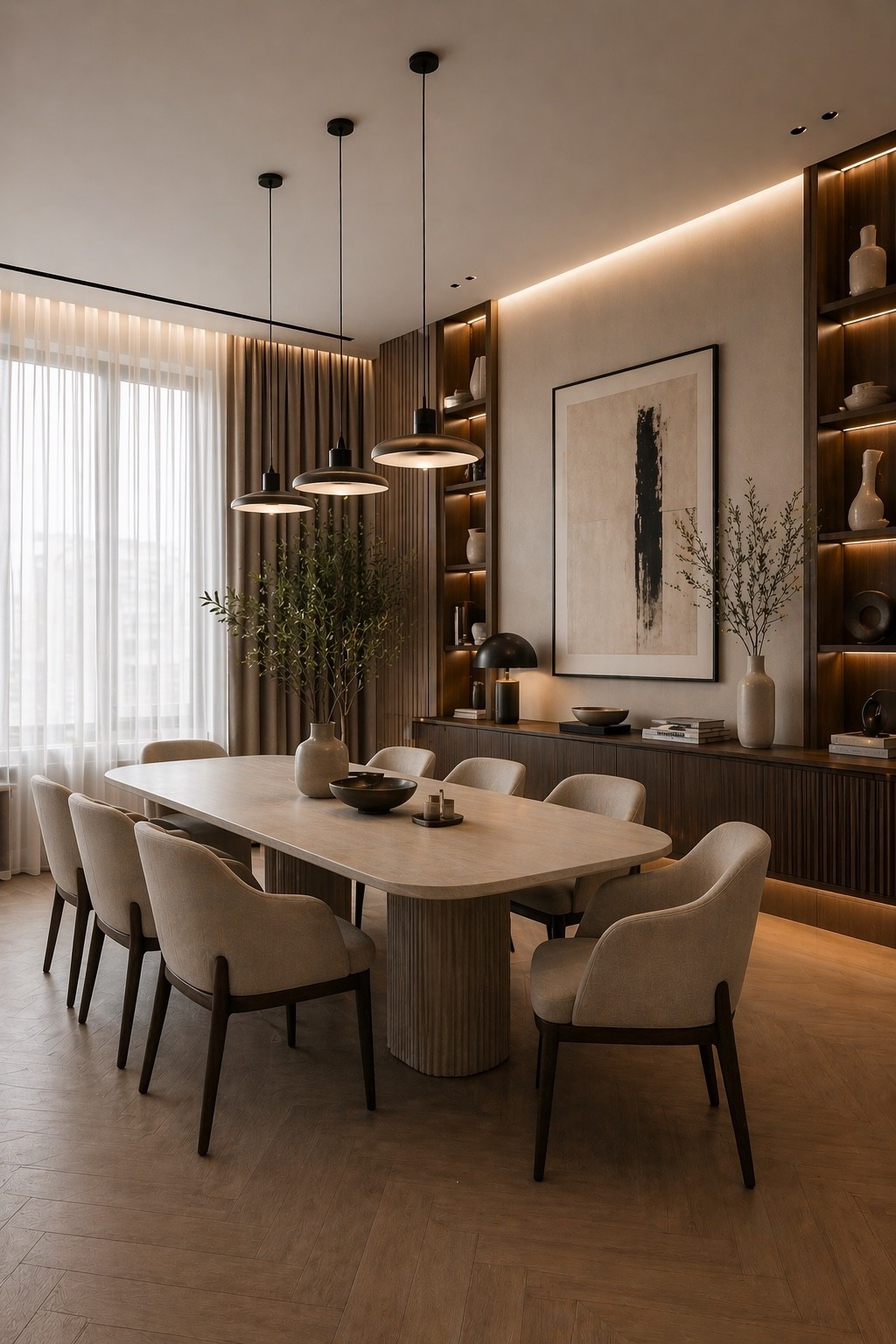 Elegant dining room with warm ambient lighting, soft neutral seating, and a refined modern luxe feel.

#diningroom #moodydiningroom #moderndiningroom #interiordesign #homedecor #ambientlighting #neutralinterior #diningroomdecor #modernhome #statementlighting #interiorinspo #eleganthome #designerstyle #luxuryinteriors #warmminimalism #contemporarydesign #homeinspiration #pinteresthome #ltkhome #moodyhome