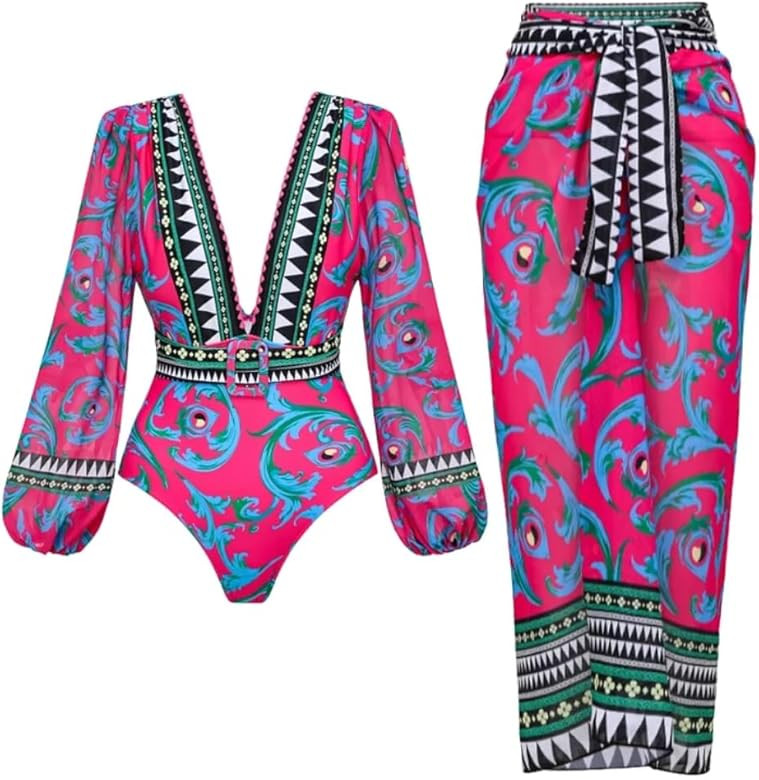 FLAXMAKER Women One Piece Long Sleeve Peacock Totem Print Deep V Neck Belt Two Piece Set Bathing ... | Amazon (US)