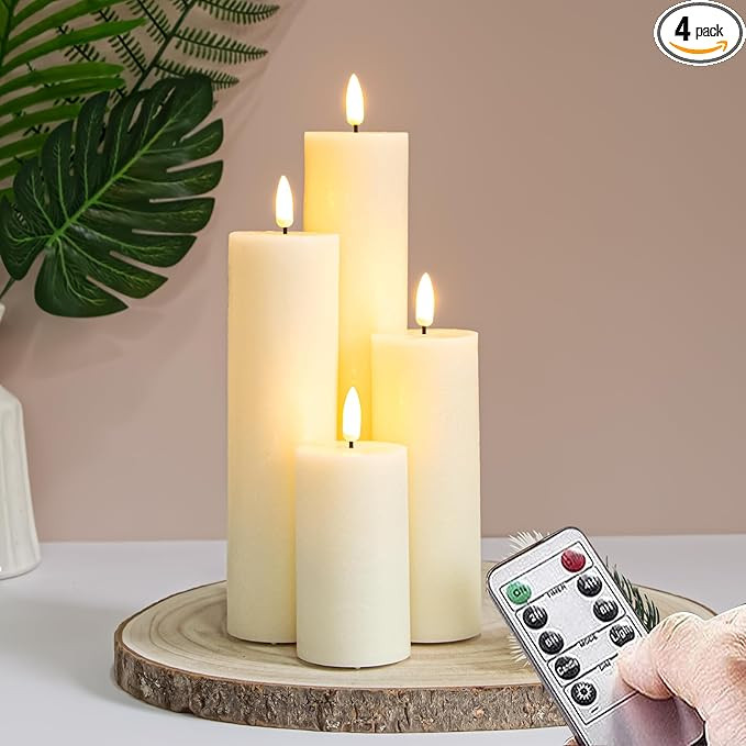 Flickering Flameless Pillar Candles with Remote Control and Cycle Timer,Ivory Pack of 4 Battery O... | Amazon (US)