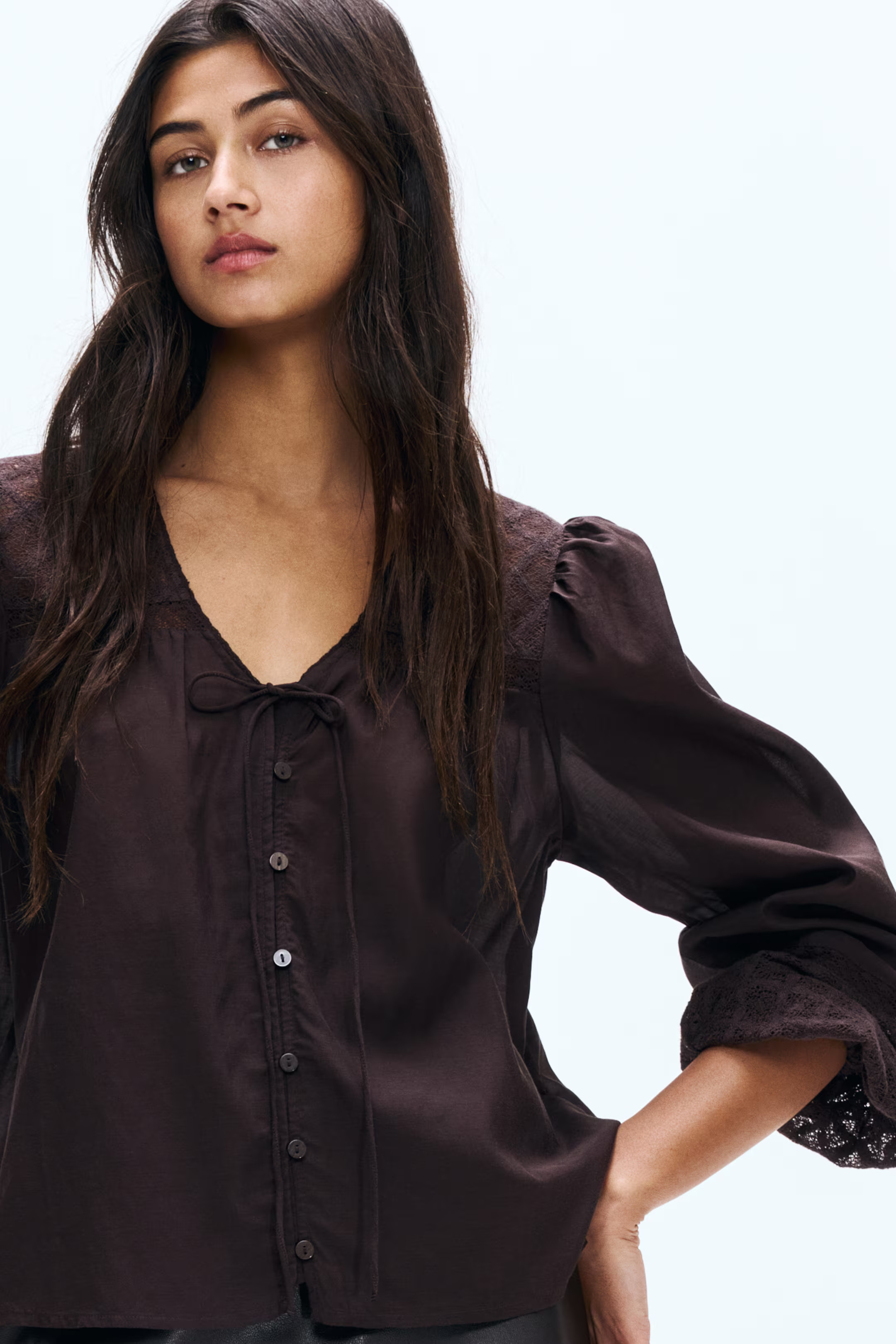 Lace-detail blouse - Dark brown - Ladies | H&M GB | H&M (UK, MY, IN, SG, PH, TW, HK)