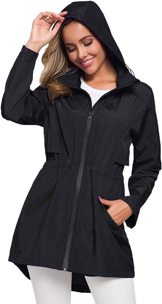 Avoogue Women's Long Raincoat with Hood Outdoor Lightweight Windbreaker Rain Jacket Waterproof | Amazon (US)