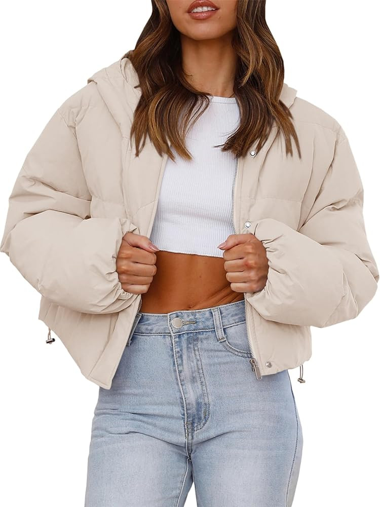 Tankaneo Women's Cropped Puffer Jacket Casual Winter Hoodie Baggy Short Down Coats with Pockets | Amazon (US)