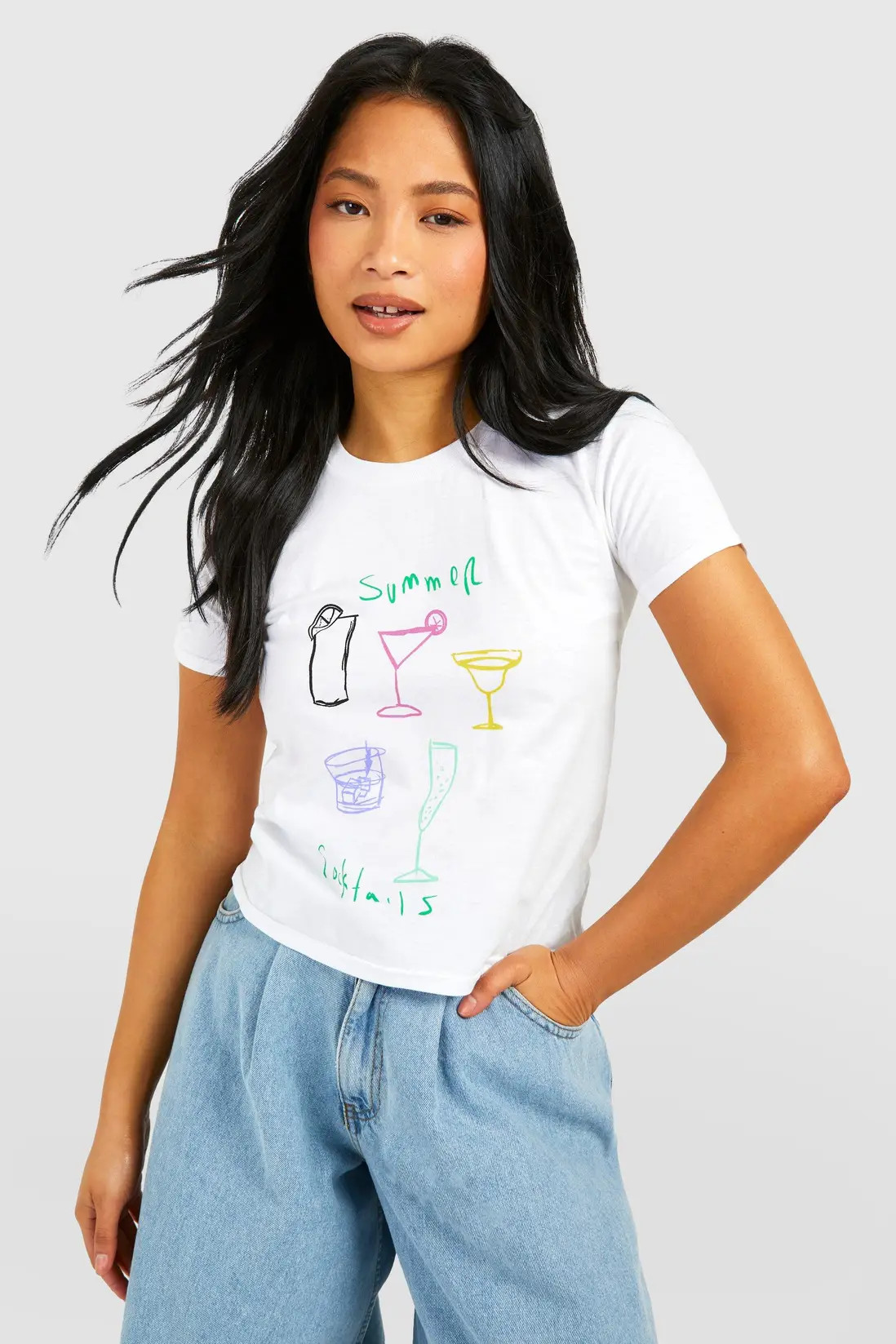 White boohoo Petite Summer Cocktails Baby Tee | PrettyLittleThing USA | PrettyLittleThing US