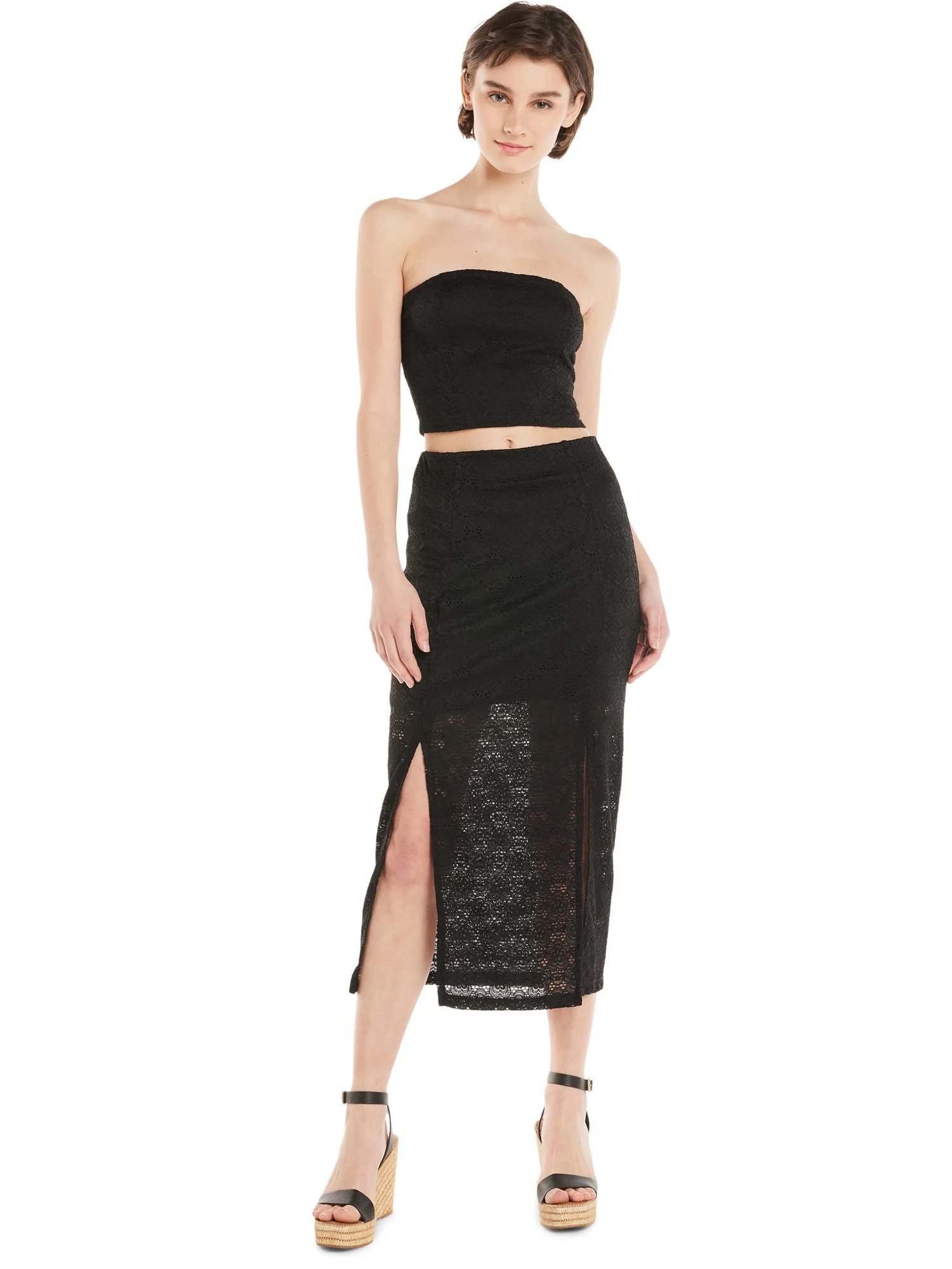 No Boundaries Crochet Lace Tube Top and Skirt Set, 2-Piece Set, Women's and Women's Plus | Walmart (US)