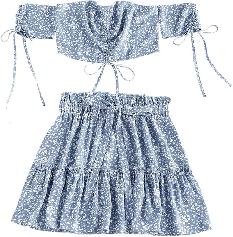 ZAFUL Women's Two Piece Off Shoulder Floral Smocked Crop Top and Shorts Set | Amazon (US)