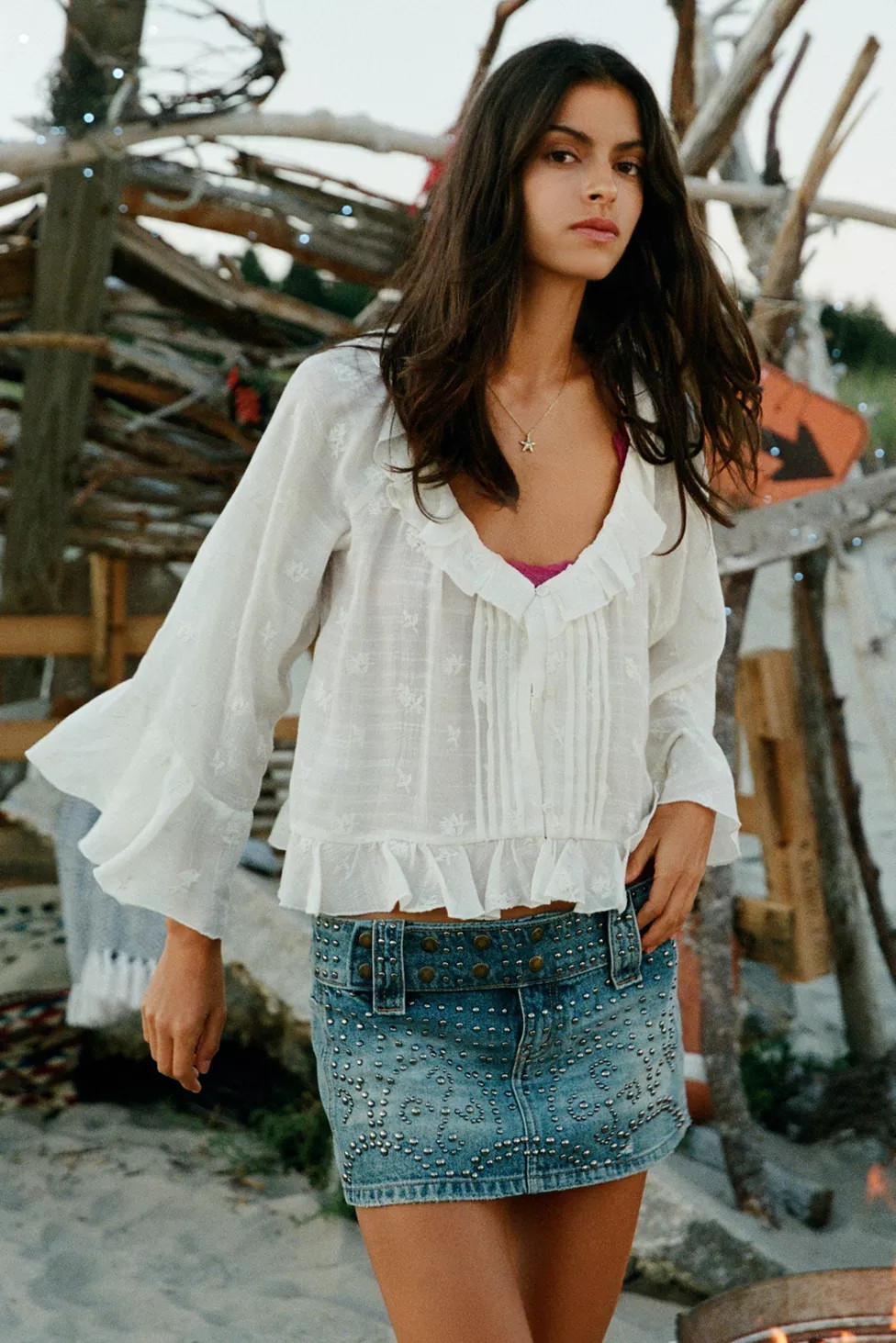 Kimchi Blue Joni Embroidered 3/4 Sleeve Ruffle Blouse | Urban Outfitters (US and RoW)