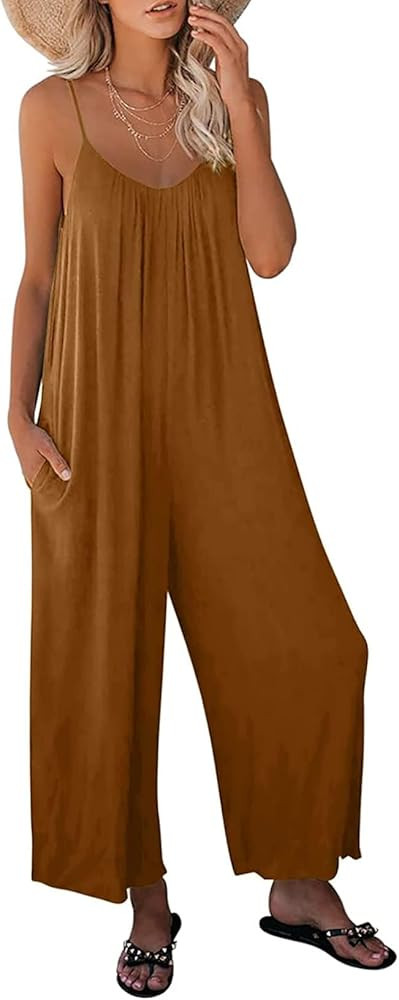 Happy Sailed Women's Casual Sleeveless Front Button Loose Jumpsuits Stretchy Long Pants Romper with  | Amazon (US)
