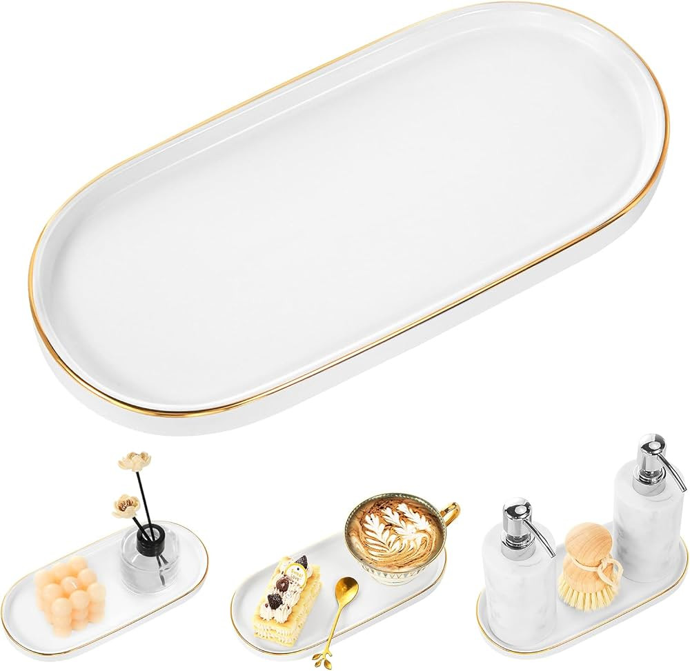 Luxspire Bathroom Vanity Tray, Marble Ceramic Dresser Jewelry Dish with Golden Rim, Decorative Tr... | Amazon (CA)