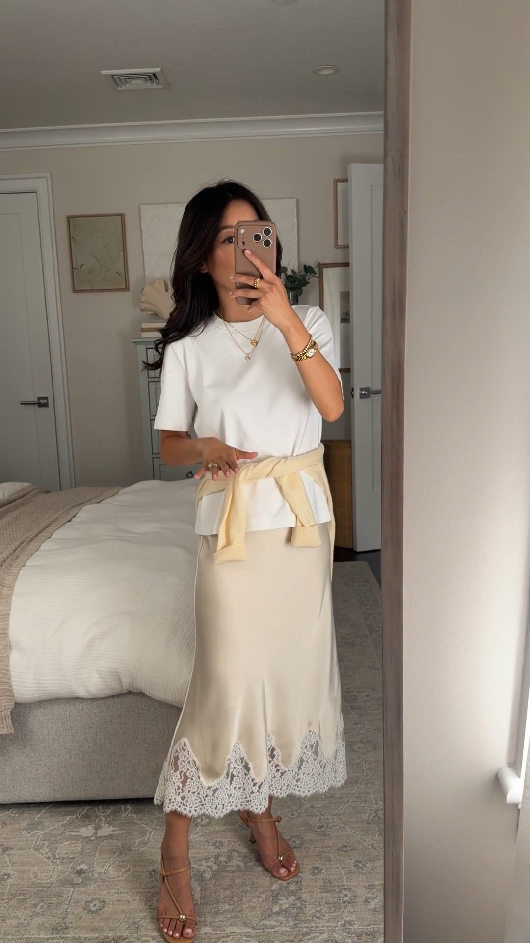 Size info below! • Satin skirt XS in Seaside Cream, I sized up 
• Cotton tee XS, sized up for looser fit 
• Quince cashmere sweater XS 
• Loeffler Randall sandals 5.5 

Date night outfit ideas, girls dinner, satin midi skirt, petite style

#LTKPetite #LTKootd #LTKSeasonal