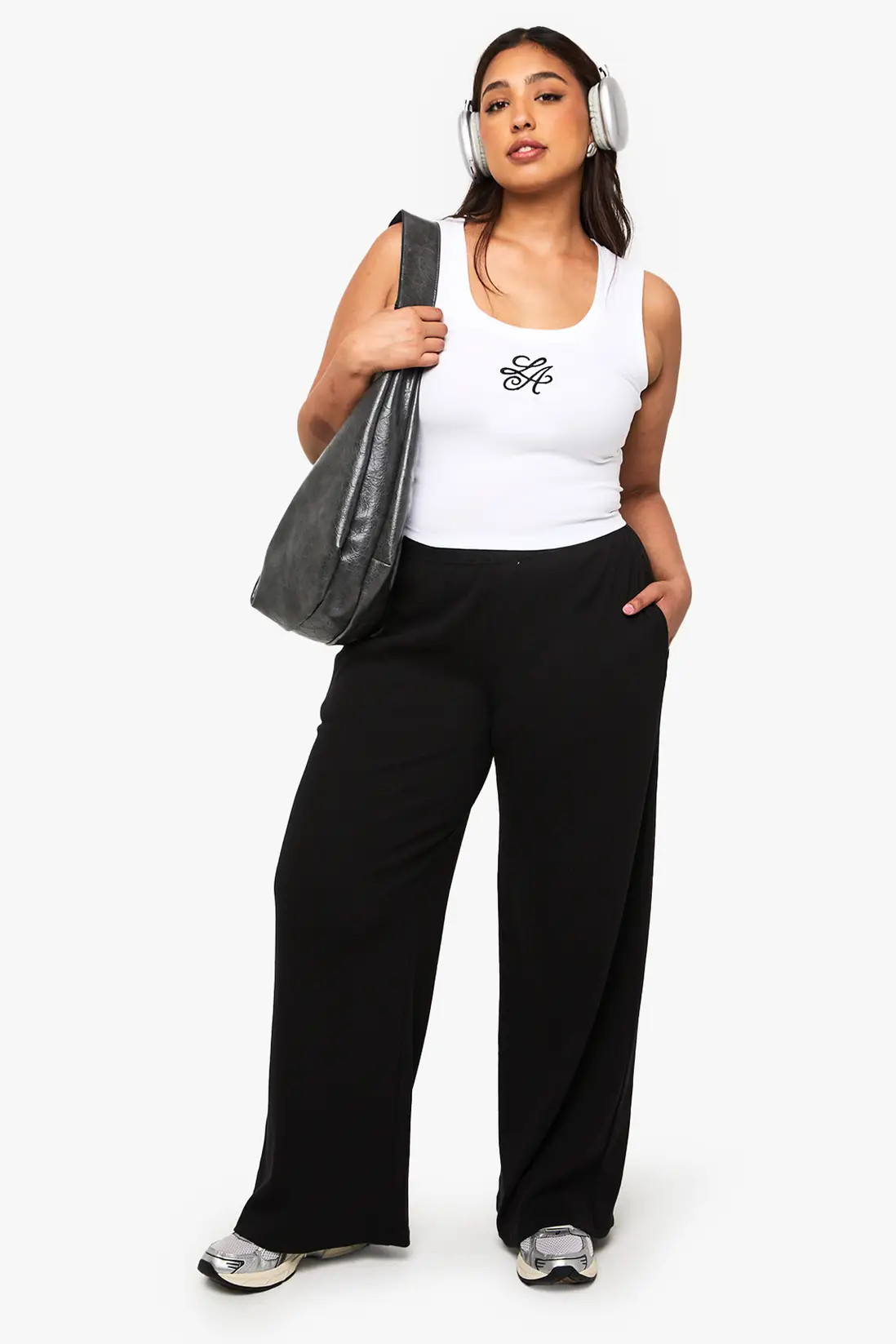 Black Plus Rib Straight Leg Trouser | Boohoo USA | boohoo (US & Canada)