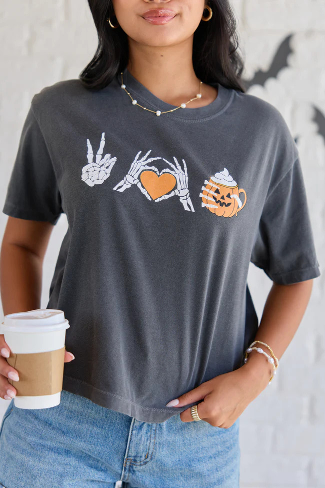 Peace, Love, and Pumpkin Spice Latte Dark Grey Boxy Graphic Tee | Pink Lily