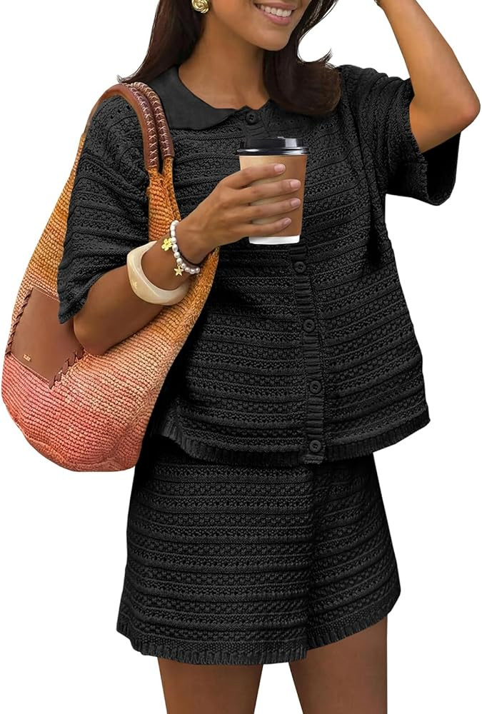 Fisoew Womens Summer 2 Piece Crochet Beach Outfit Cover Ups Button Cardigan Loose Knit Shorts Set... | Amazon (US)