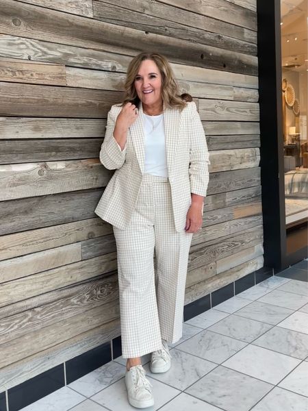 The perfect spring summer suit. 

Khaki and white gingham with a little stretch. Also comes in black gingham  Wearing a 14 regular in both pieces. I’m 5’3”

Wear with tennis shoes, wedges or platforms. So good! TTS. 

Easter outfit. Work outfit  

#LTKstyletip #LTKworkwear #LTKSeasonal