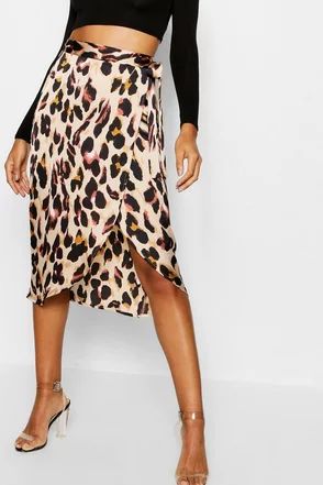 Tall Satin Leopard Print Wrap Skirt | Boohoo.com (US & CA)