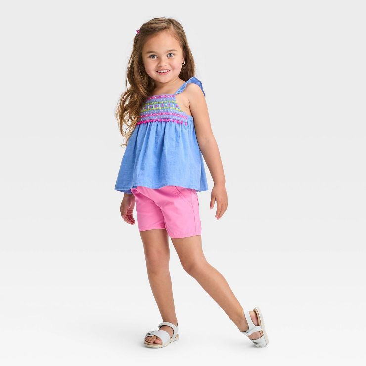 Toddler Girls' Embroidered Chambray Short Sleeve Shirt - Cat & Jack™ Blue | Target