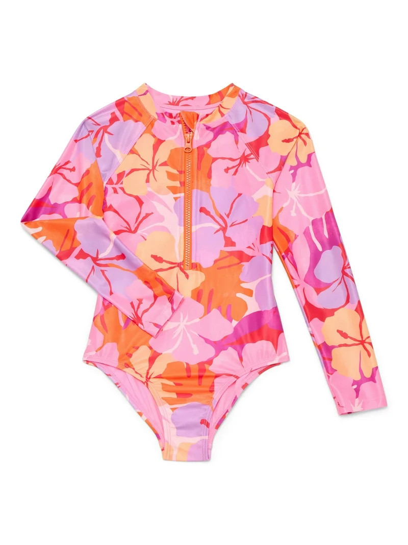Wonder Nation Girls Zip Up Rash Guard One Piece Swimsuit with Long Sleeves, Sizes 4-16 | Walmart (US)