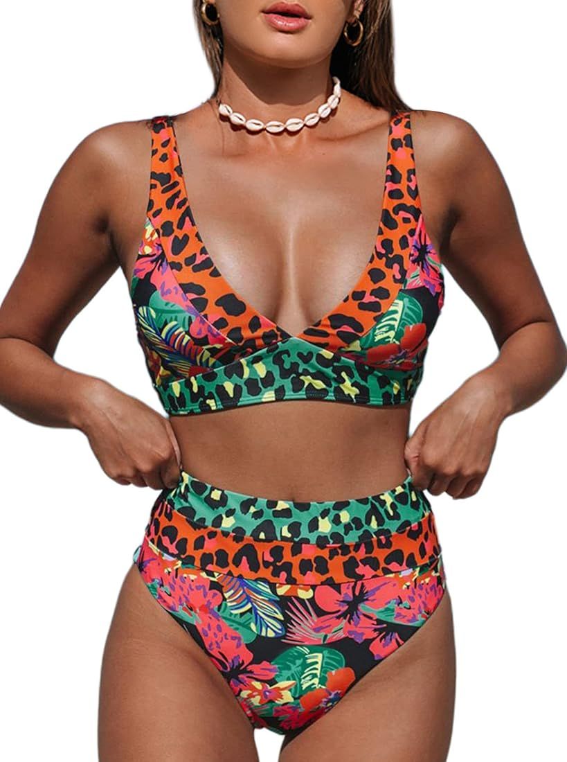 Hilinker Women's Leopard Bikini Swimsuits V Neck High Waisted 2 Piece Bathing Suits | Amazon (US)