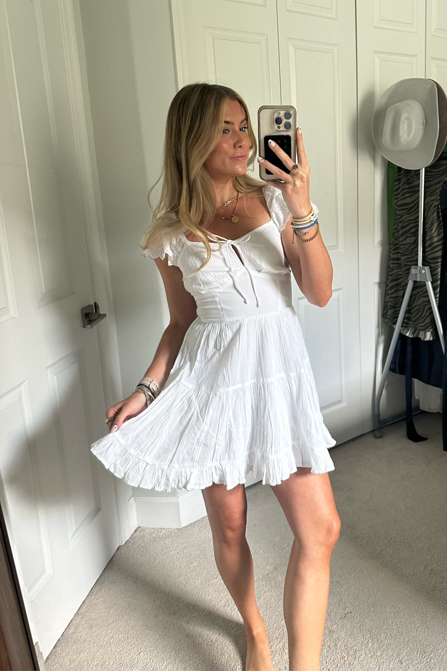 AE Flutter Sleeve Mini Dress. Wearing size XS. A super feminine, flouncy mini dress, featuring intricate flutter sleeve eyelet details. Features: Soft cotton fabric, Flutter sleeves with eyelet details, Tie neck, Corset bodice, Tiered skirt #AEpartner #AEjeans @americaneagle American Eagle. American Eagle outfitters. #springfashion #springstyle #summerstyle #summerfashion #tryonhaul #tryon #tryonwithme #trendyoutfits #trendyclothes #styleinspo #trending #currentfashiontrend #fashiontrends #2024trends 

#LTKfindsunder50 #LTKwedding #LTKsalealert