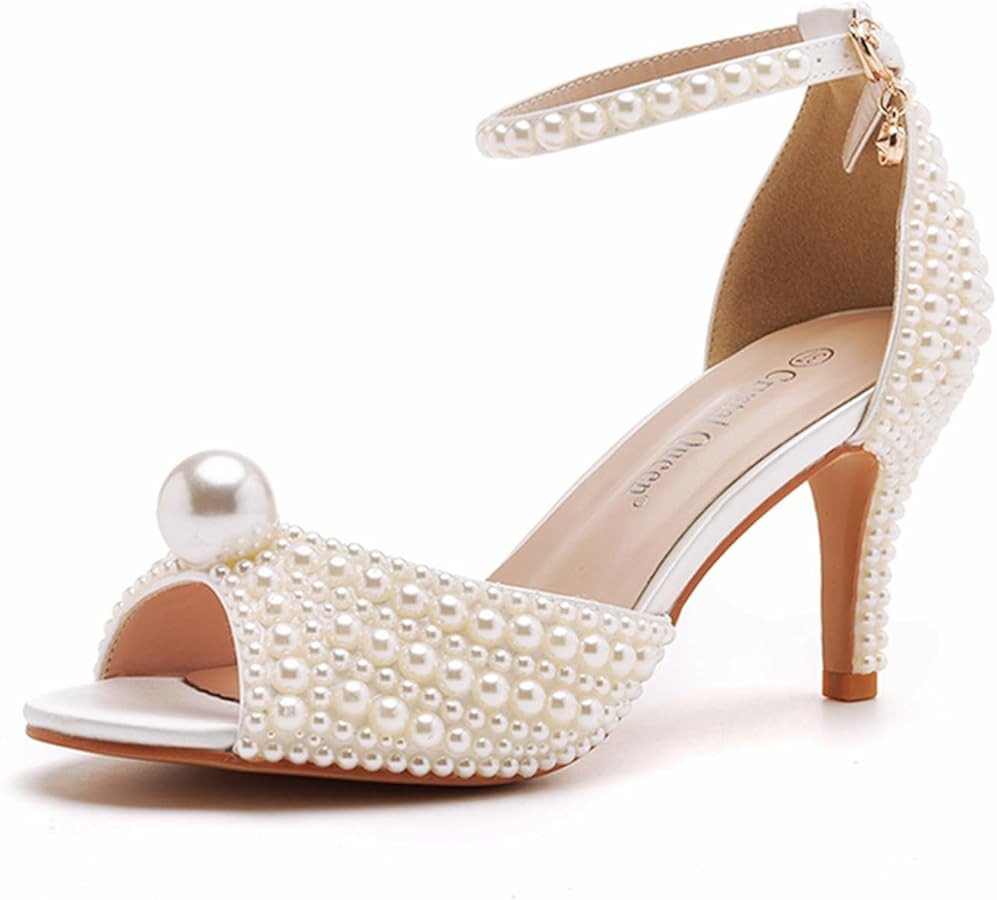 Crystal Queen 3 inches Stiletto Heels Pearls Sandals Peep Toe Bride Wedding Party Dress Shoes Wom... | Amazon (US)