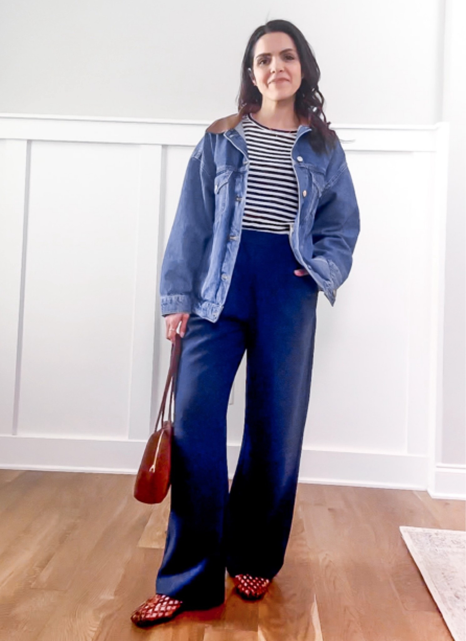 Outfit formula: stripes + trousers |  An easy way to feel a little more pulled together without overthinking it.

Striped tee, navy trousers, denim jacket, woven flats.

#LTKootd #LTKgrwm
