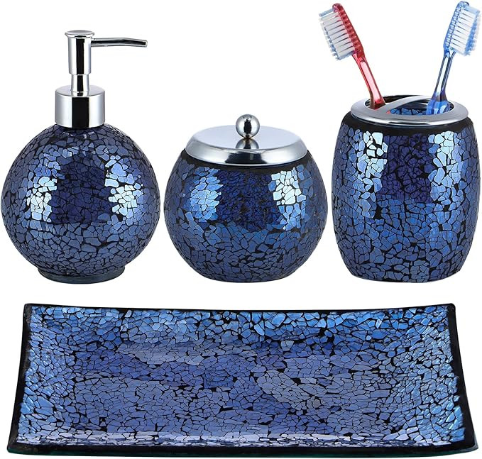 4 Pcs Mosaic Glass Bathroom Accessories Set, Modern Luxury Bath Ensemble, Includes Soap Dispenser... | Amazon (US)